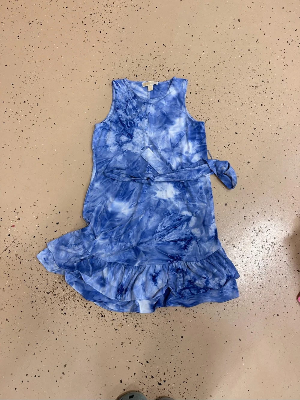 Sleeveless Blue Tie-Dye Ruffle Hem Michael Kors Dress with Waist Tie